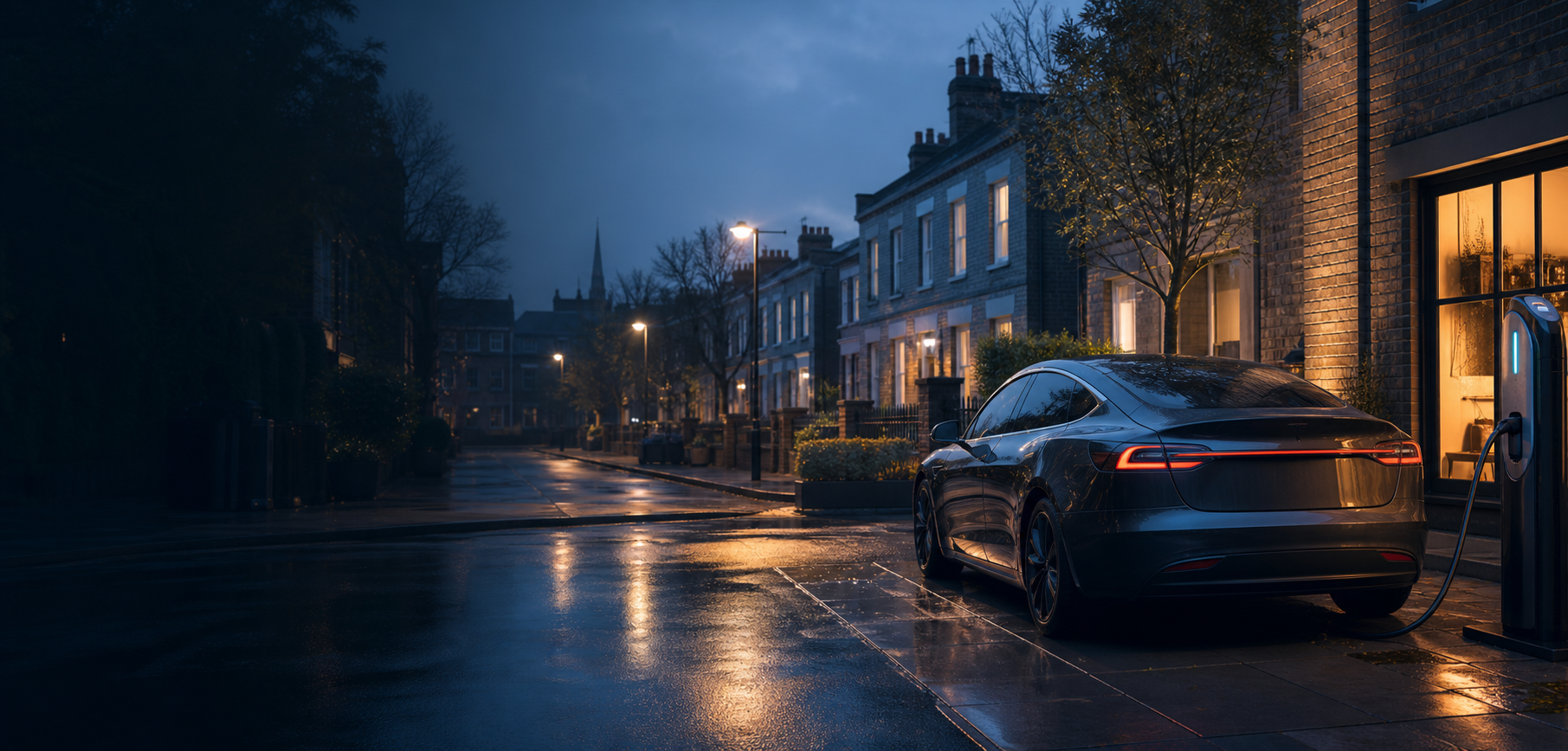 A calm blue-hour street scene with an electric vehicle charging bay